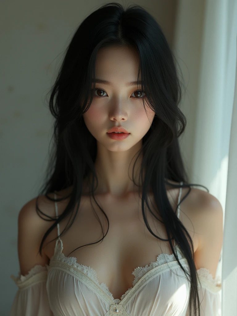 A girl, long straight black hair, big black eyes, naked