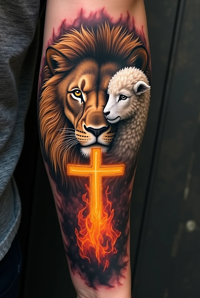 Tattoo of a lion&#39;s face looking to the left, a lamb looking to the right and a flame in the middle 