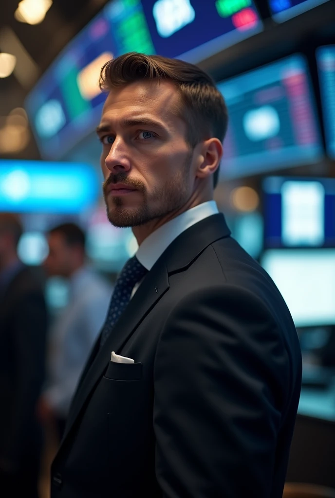 investidor, stock Exchange, blue colored eyes, Black Suit, money fund, profile photo