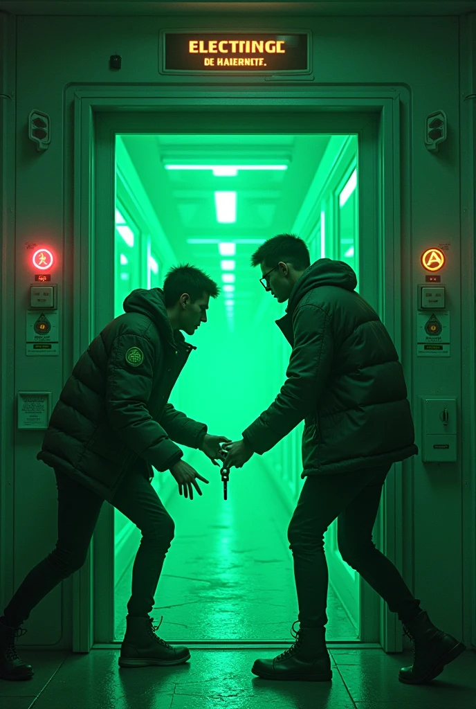 I would like a room with green laser beams with 2 people, one with glasses and the other with a bracer who tries to steal a key at the entrance, it says High Voltage