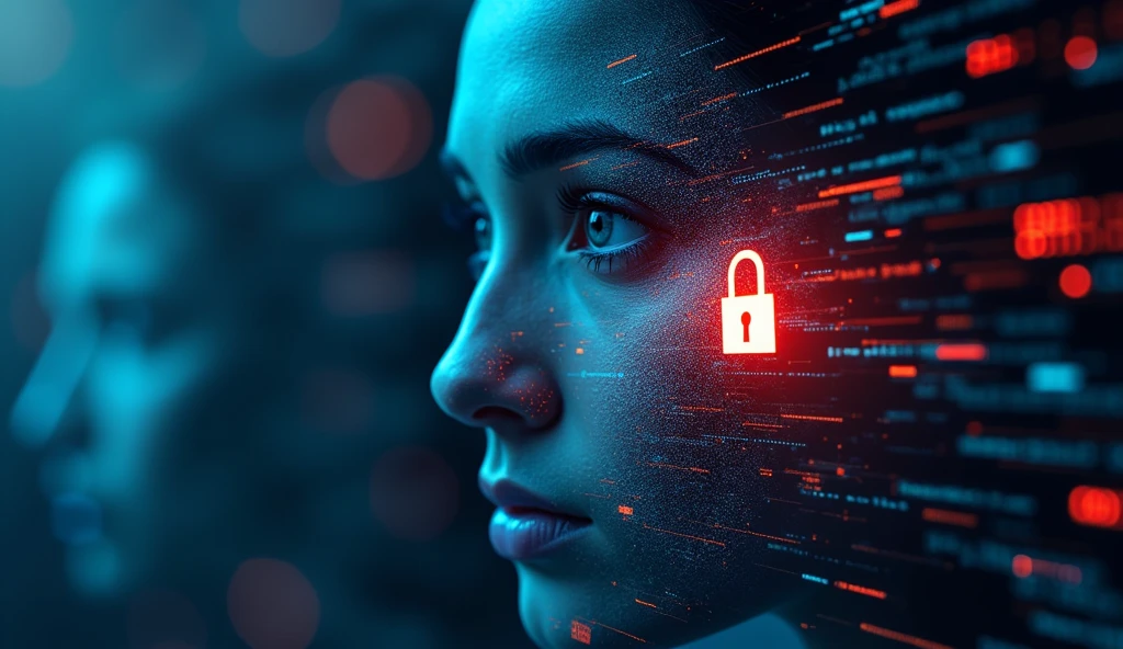 create a highly technological and realistic image about digital security containing a padlock, face of people and hackers