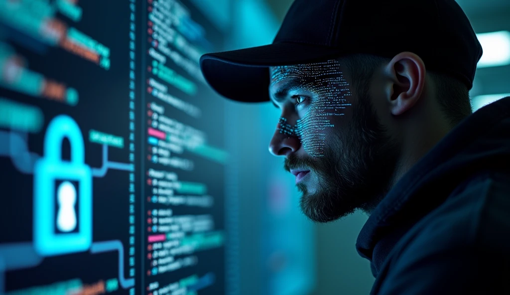 create a highly technological and realistic image about digital security containing a padlock, face of people and hackers
