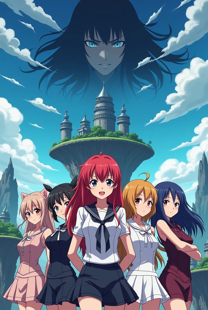 poster anime girls stand against the background of flying islands, a little higher there is a sinister woman, above them there is the inscription Multiversum 3: Equalization