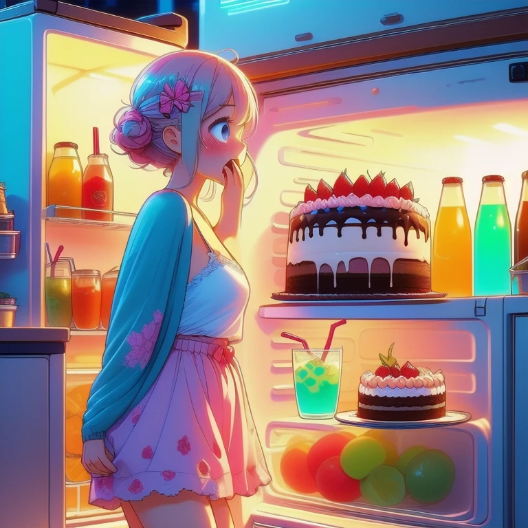 (masterpiece, best quality), fat 1girl,  big fat body, Medium pink Romantic Updo with Loose Curls, Sizes M to Z breasts,    refrigerator, hands on mouth, from side, colorfully neon lights, cake,  drink, chiffon cardigan, seiza, bare feet