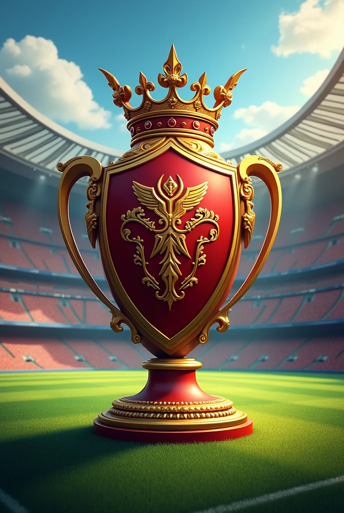 A logo of a shield with a crown representing champion, being a symbol of all clubs. In the background, football fields surround brick houses forming a stadium around.