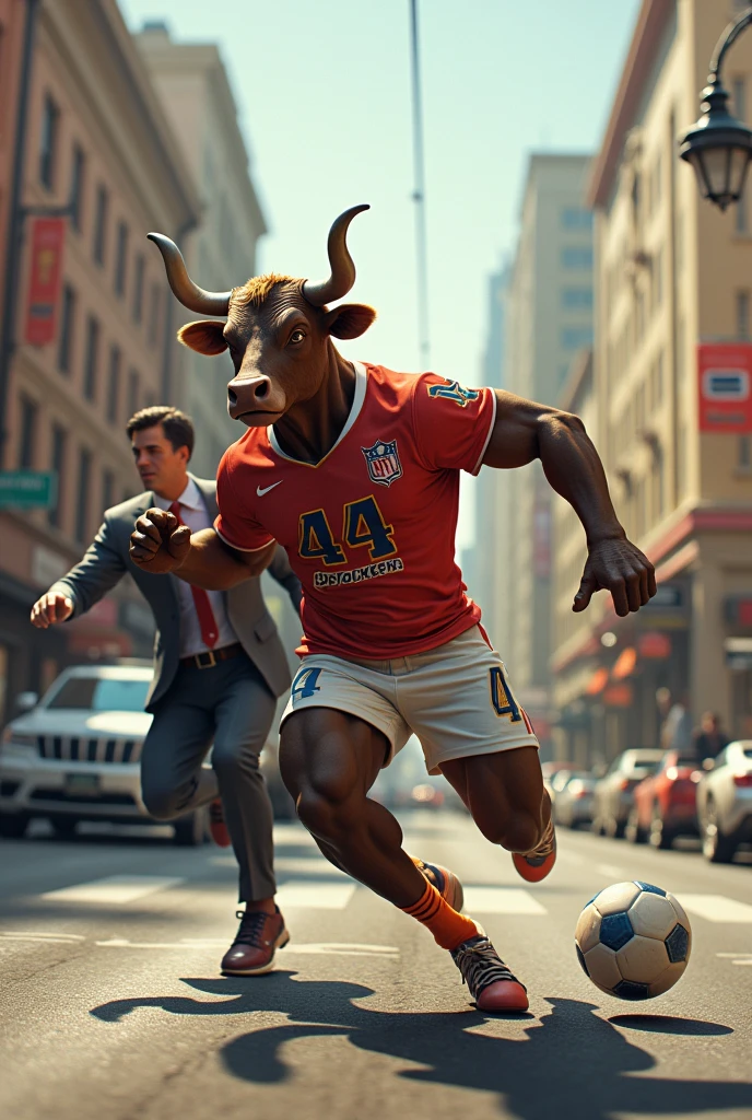 Humanoid ox wearing jersey number 44 playing soccer on the street