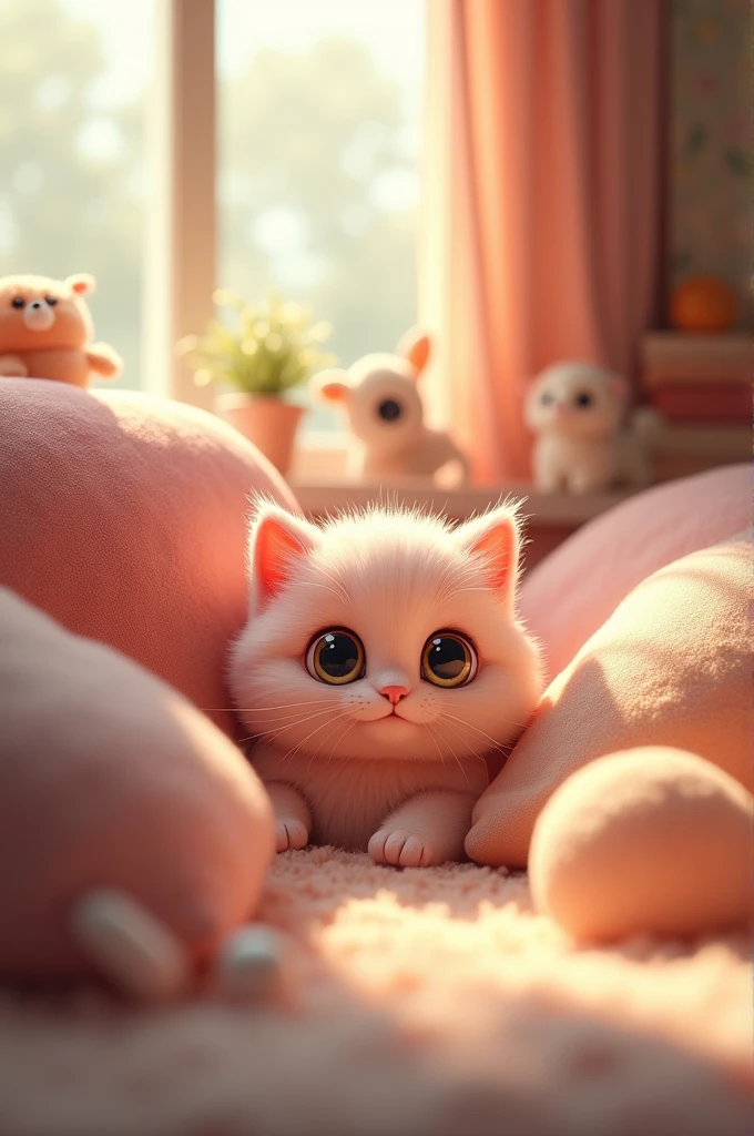 A small pink cat, with bright, curious eyes, peers out from a cozy, sunlit corner of a quaint room, surrounded by soft pillows and toys.