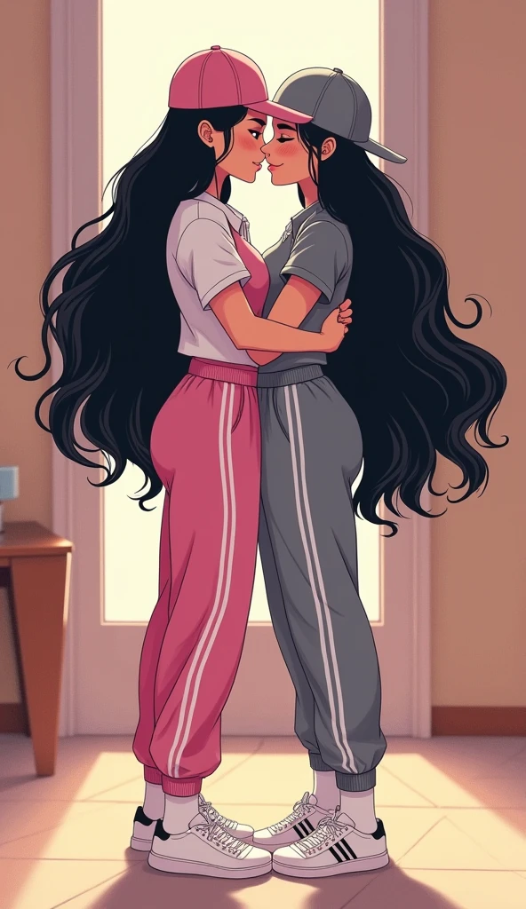 Two girls long black hairs, yuri

The first girl wear a white polo shirt pink shirt collar pink sleeves, pink cap, pink adidas sweatpants with three white stripes, white socks, pink adidas sneakers.

The second girl wore a white an polo shirt grey shirt collar grey sleeves, grey cap, grey adidas sweatpants with three white stripes, white socks, grey adidas sneakers.

The hem of their polo shirt was tucked into their pants.

hugging, kissing, sensual body, closed eyes, used hand touch and squeeze on the butt, bedroom, novel cartoon, 4K, HD