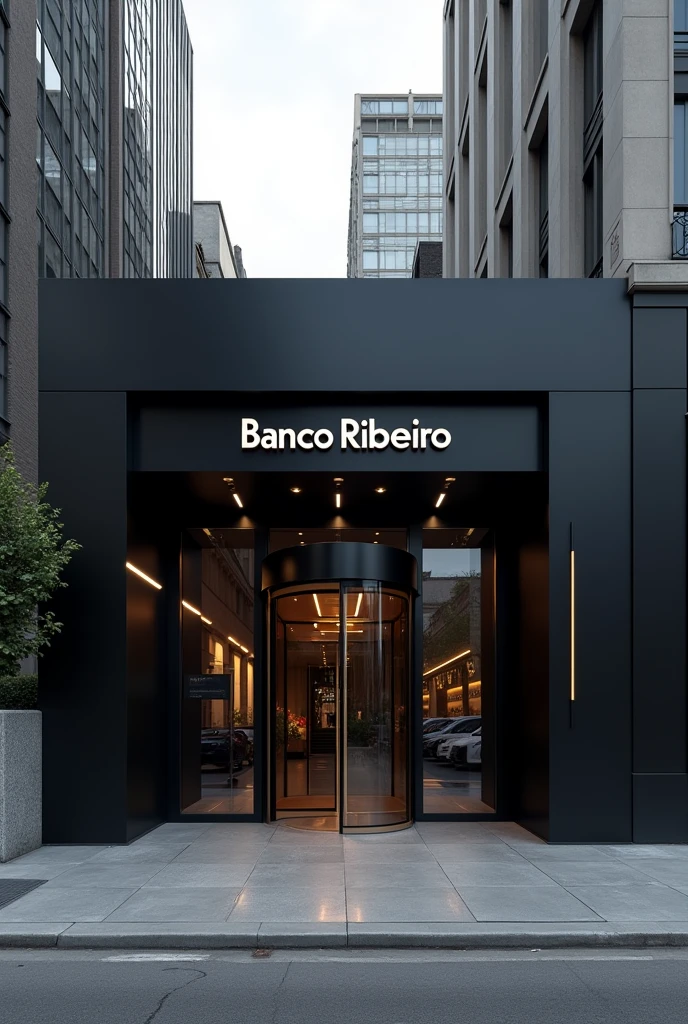 Modern black bank branch, with revolving door at the entrance, with a sign above the door saying “BANCO RIBEIRO”.