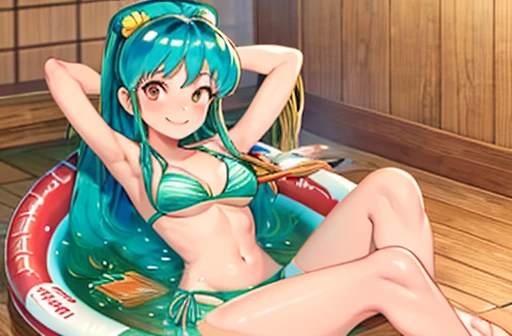 1girl,lum:1, lumlum, girl in the ramen noodles, top quality, A girl soaking in ramen, very smile, Bikini Swimwear,ramengirl,raise leg,naked foot,
