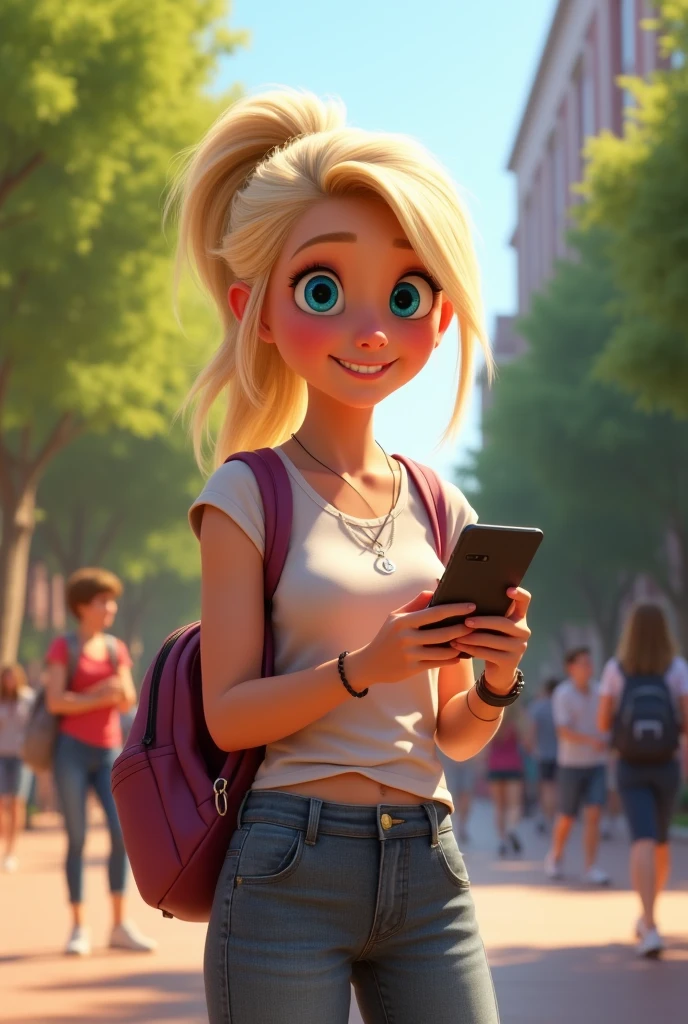 Create what the character Riley from Inside Out 2 would look like if she was in college. Remember that Riley is blonde and wears a ponytail., has a device, and light blue eyes