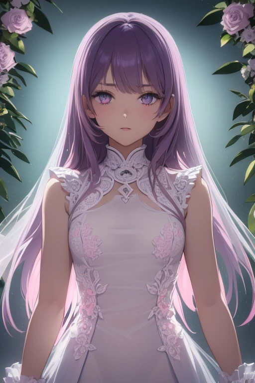 (masterpiece:1.2), Best Quality, (illustration:1.2), (ultra detailed), hyper details, (delicate detailed), (intricate details), (cinematic light, Best Quality Backlights), Delete line, soloist, perfect body, (1 girl), stylized artwork, purple and pink theme, girl, Purple long hair, white empty eyes, pink top, pink roses, see through skeleton overlay, foliage, leaves, Watercolor splash (make up), high contrast, (better lighting, an extremely created and beautiful), (cinematic light), showy,