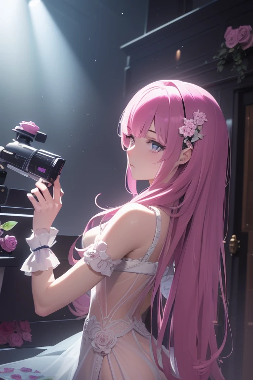 (masterpiece:1.2), Best Quality, (illustration:1.2), (ultra detailed), hyper details, (delicate detailed), (intricate details), (cinematic light, Best Quality Backlights), Delete line, soloist, perfect body, (1 girl), stylized artwork, purple and pink theme, girl, Purple long hair, white empty eyes, pink top, pink roses, see through skeleton overlay, foliage, leaves, Watercolor splash (make up), high contrast, (better lighting, an extremely created and beautiful), (cinematic light), showy,