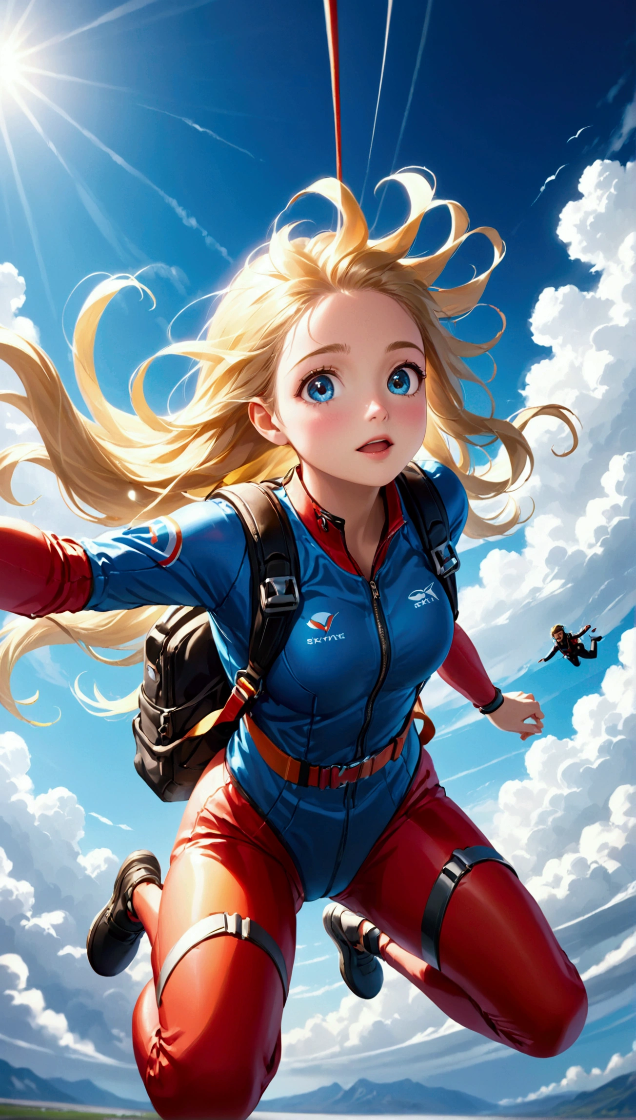 a girl doing skydive, detailed face and eyes, long wavy blonde hair, beautiful girl, adrenaline rush, extreme sports, sky, clouds, blue sky, sunlight, cinematic, dramatic lighting, colorful, vivid, hyper realistic, intricate details, 8k, best quality, masterpiece, highly detailed, photorealistic
