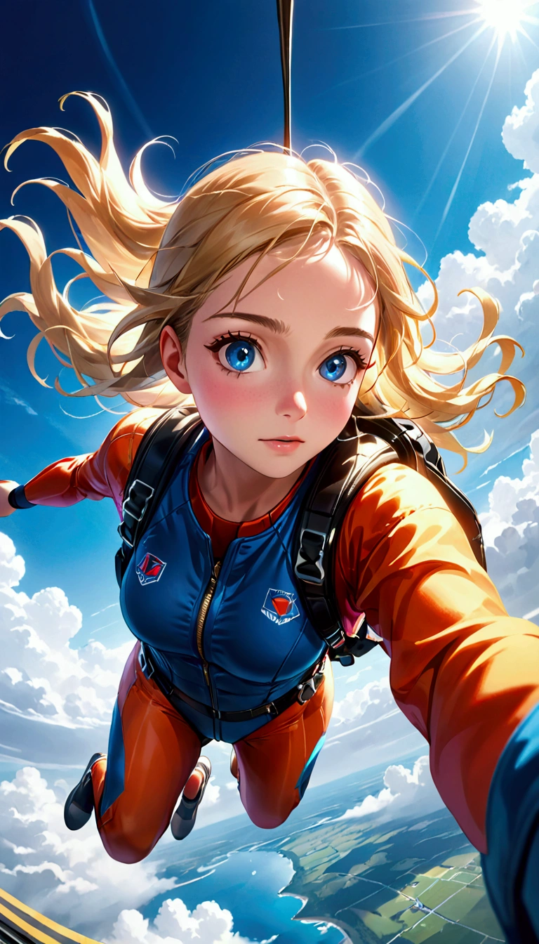 a girl doing skydive, detailed face and eyes, long wavy blonde hair, beautiful girl, adrenaline rush, extreme sports, sky, clouds, blue sky, sunlight, cinematic, dramatic lighting, colorful, vivid, hyper realistic, intricate details, 8k, best quality, masterpiece, highly detailed, photorealistic