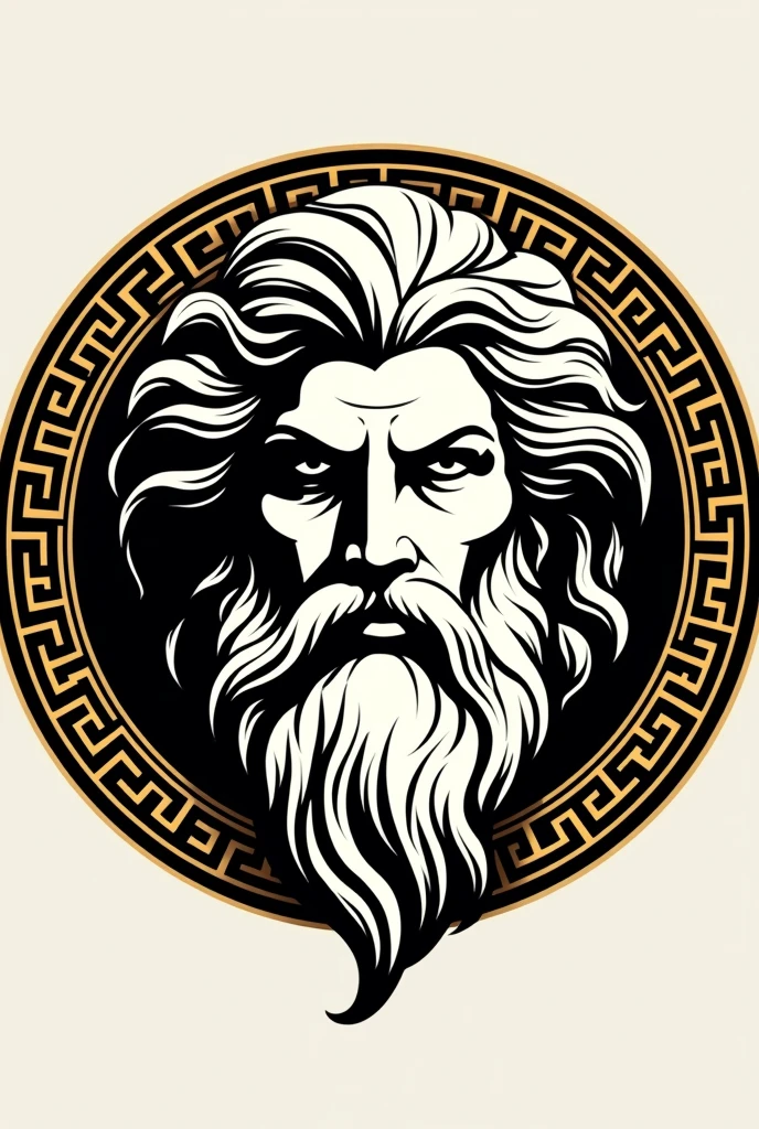 Make a linear circular vector image very similar to the Versace logo but with thick lines and the face of Zeus in a frontal position.