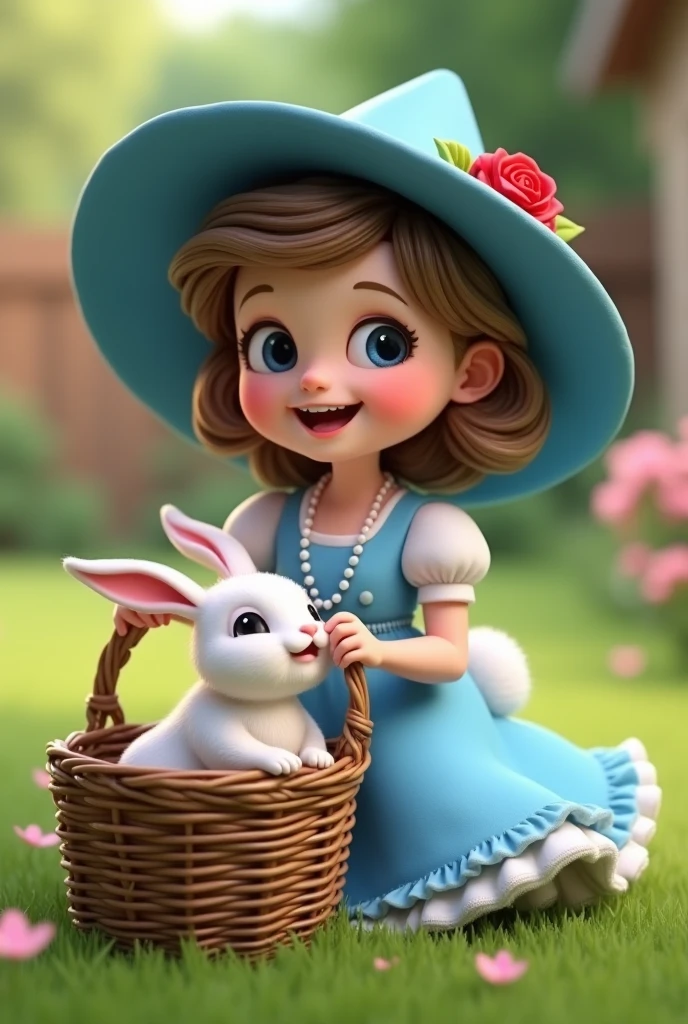  blue hat blue girl
With a very smiling and happy lip
With an old basket with a white rabbit in it
With a white princess dress and
A pearl necklace with a red rose
He plays with a rabbit in the yard
3Dstyle