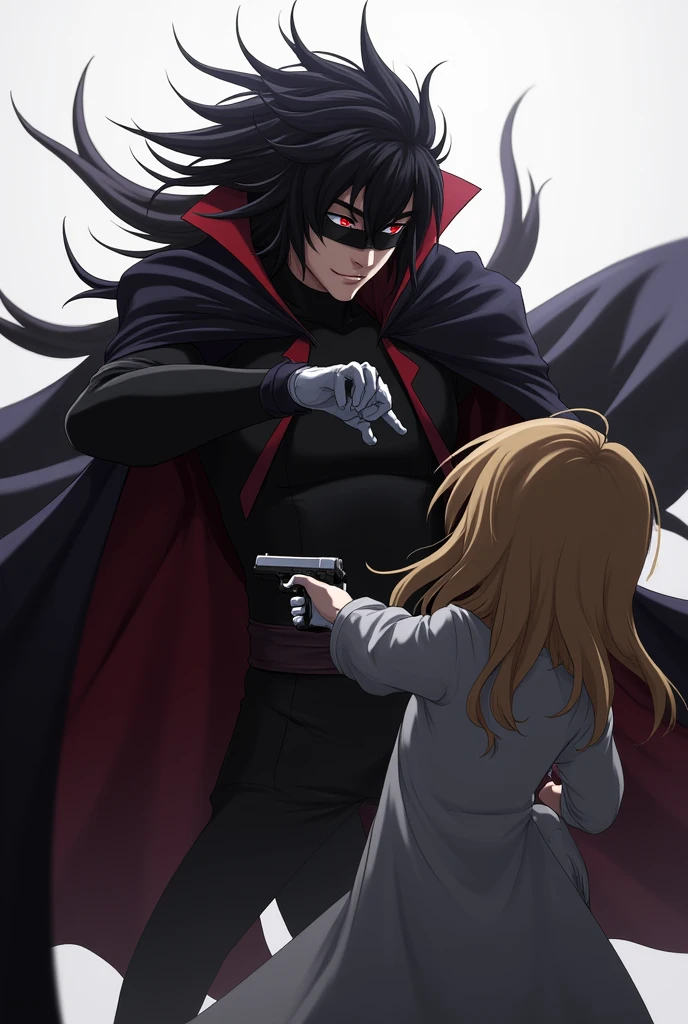 **hair**: I might have dark, messy hair, with pointed tips resembling flames or shadows, giving it a dynamic and powerful look. **CLOTHES**: He would wear a long, dark cloak, maybe with red details, that floats dramatically around him. stylized in the shoulders and arms. **Accessories**: I could wear a pair of gloves with shiny details, and maybe a mask that covers part of your face, adding a mysterious air. . **Posture**: She would be in a power or blonde action pose however he points the gun at a blonde girl