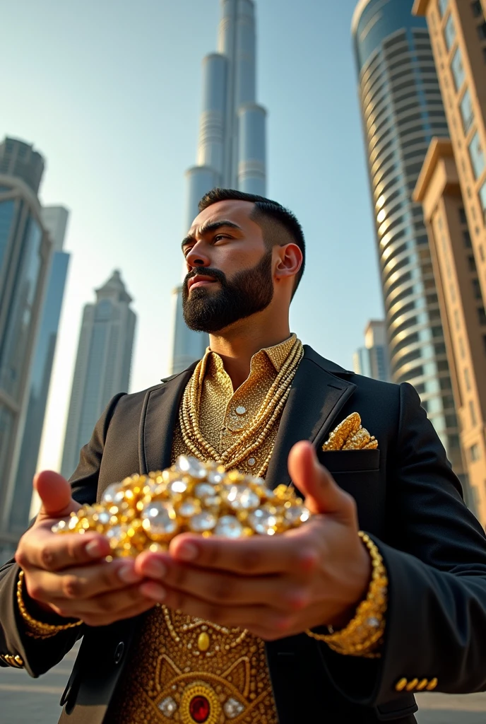 people in dubai, in the background one of the largest buildings in Dubai, he has many diamonds and golds in his hands