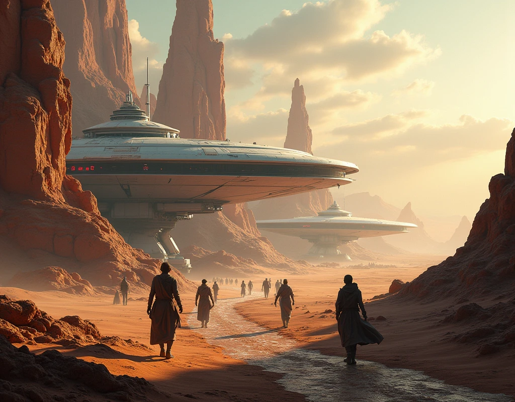 In the style of JeanClaude Mézières, a futuristic base on a planet orbit with spaceships docked to it, people are walking around, J.M.W. Turner, A spaceship coming into dock into a sci fi city at sunset, an epic scene of a desert landscape, a sci-fi depiction. wonderful masterpiece highly detailed, beautiful cinematic light deep focus, elegant, digital painting, smooth, sharp focus, golden ratio, dramatic illumination, ultra-realistic, 8k, art by jimmy law, photography focus, blur, realistic, (chimp:1.3), Collar, (best quality:1.3), ((masterpiece)), ((realistic)), intricate details, bloom, backlighting, dramatic lighting film grain, 85mm, focus sony a7 4, 85mm 1.2 Gmaster, chimp