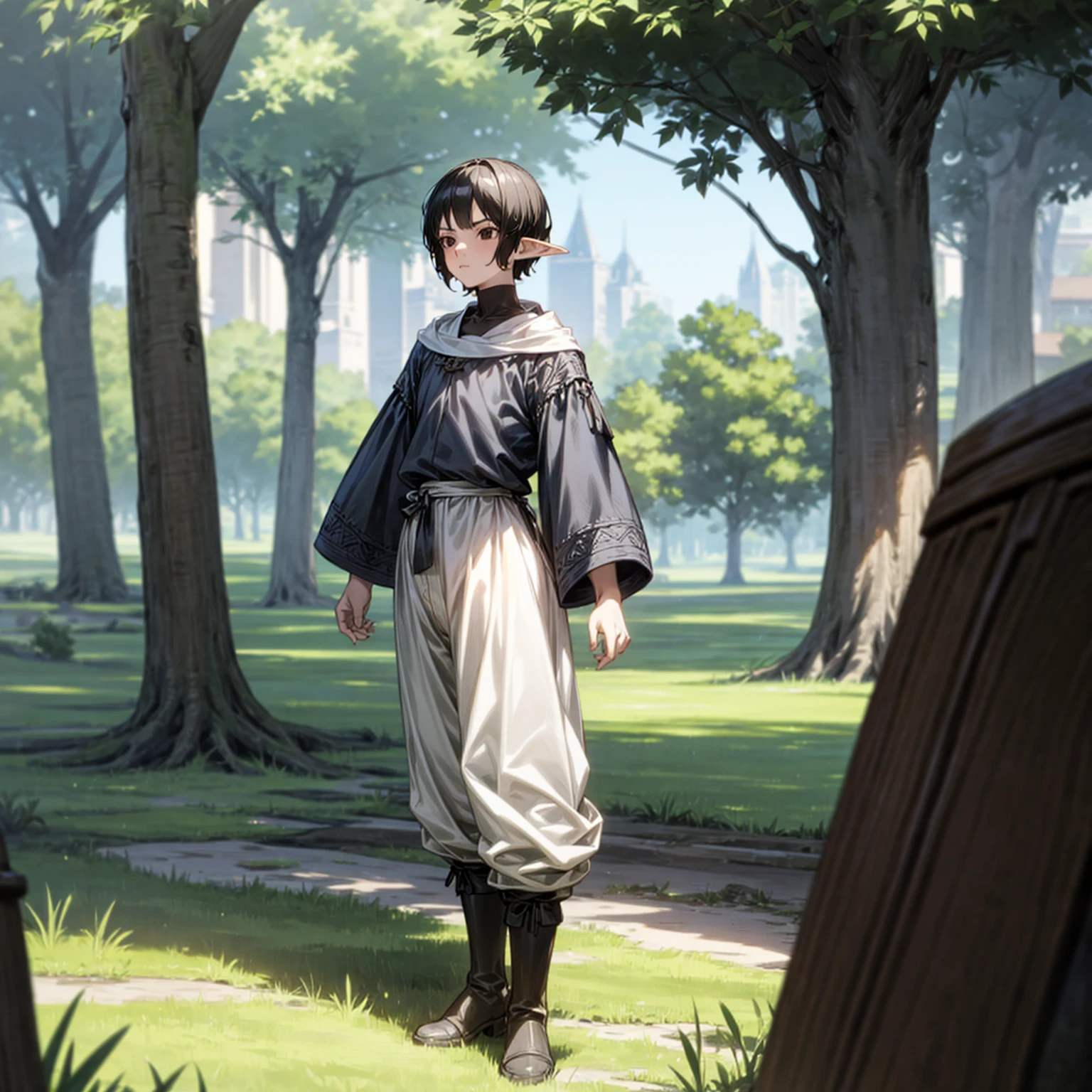 Solo character, full body version, young man, (elf), black eyes, black color hair, short hair, casual clothing, white color clothing, brown pants, boots, outdoor, park village, medieval, standing gesture, detailed background, detailed clothing, detailed hair, (one piece style art), muscle 