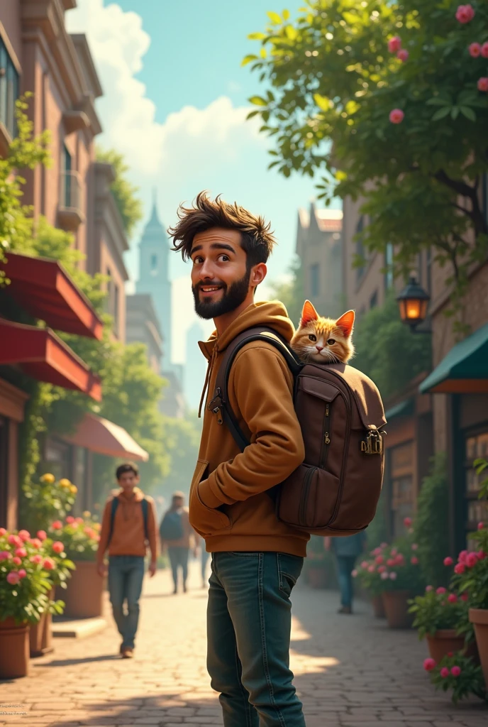 A man walks through the city with the cat in his backpack, while exploring places that man had never noticed: a hidden park, a magical bookstore, a flower stand. the man smiles, enjoying the trip.