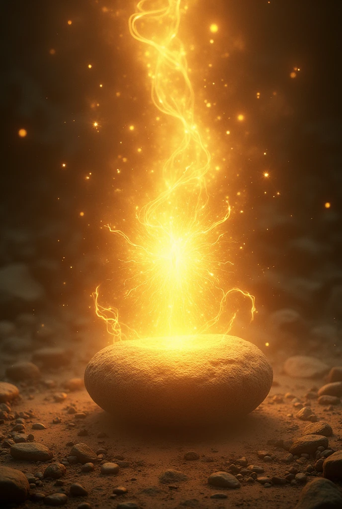 The moment Ram touches the stone: a bright light bursts forth, and the stone begins to transform into a glowing divine entity, with rays of light streaming outward.