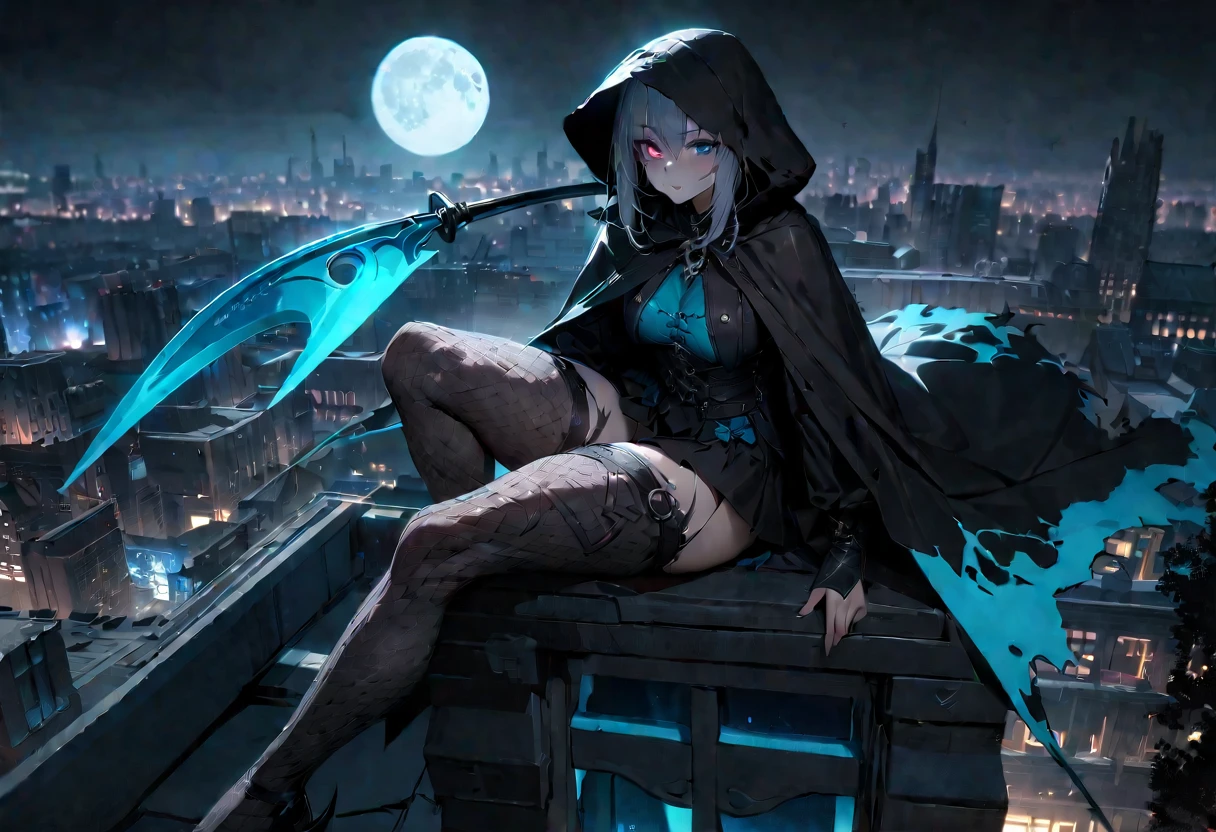 uhd, textured skin, high quality, high details, masterpiece, best quality, 1girl, grim Reaper, Twin tails, Black tattered cloak, Wearing a hood, mini skirt, (grim Reaperの鎌, Big sickle, Perfectly shaped), Blue haze on left eye, ((Sitting on top of a building)), Moonlit Night, Familiar, Beautiful digital artwork