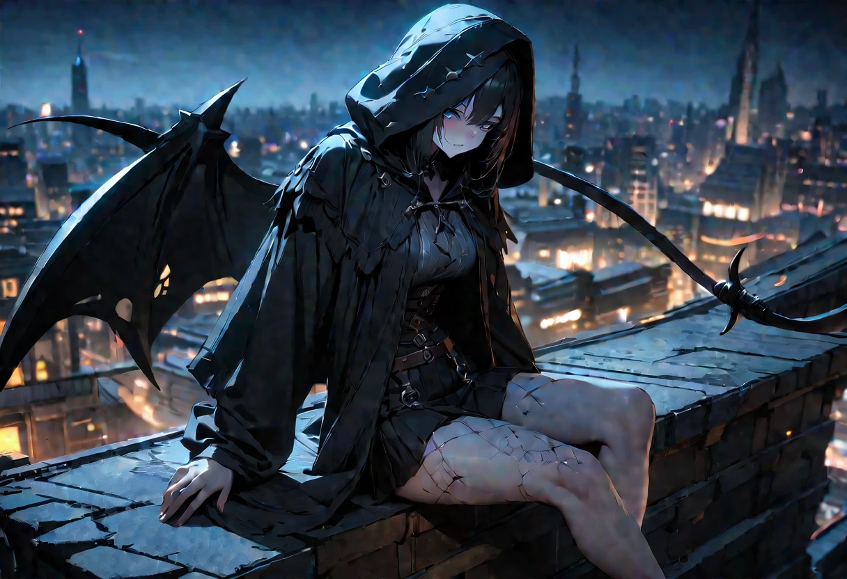 uhd, textured skin, high quality, high details, masterpiece, best quality, 1girl, grim Reaper, Twin tails, Black tattered cloak, Wearing a hood, mini skirt, (grim Reaperの鎌, Big sickle, Perfectly shaped), Blue haze on left eye, ((Sitting on top of a building)), Moonlit Night, Familiar, Beautiful digital artwork