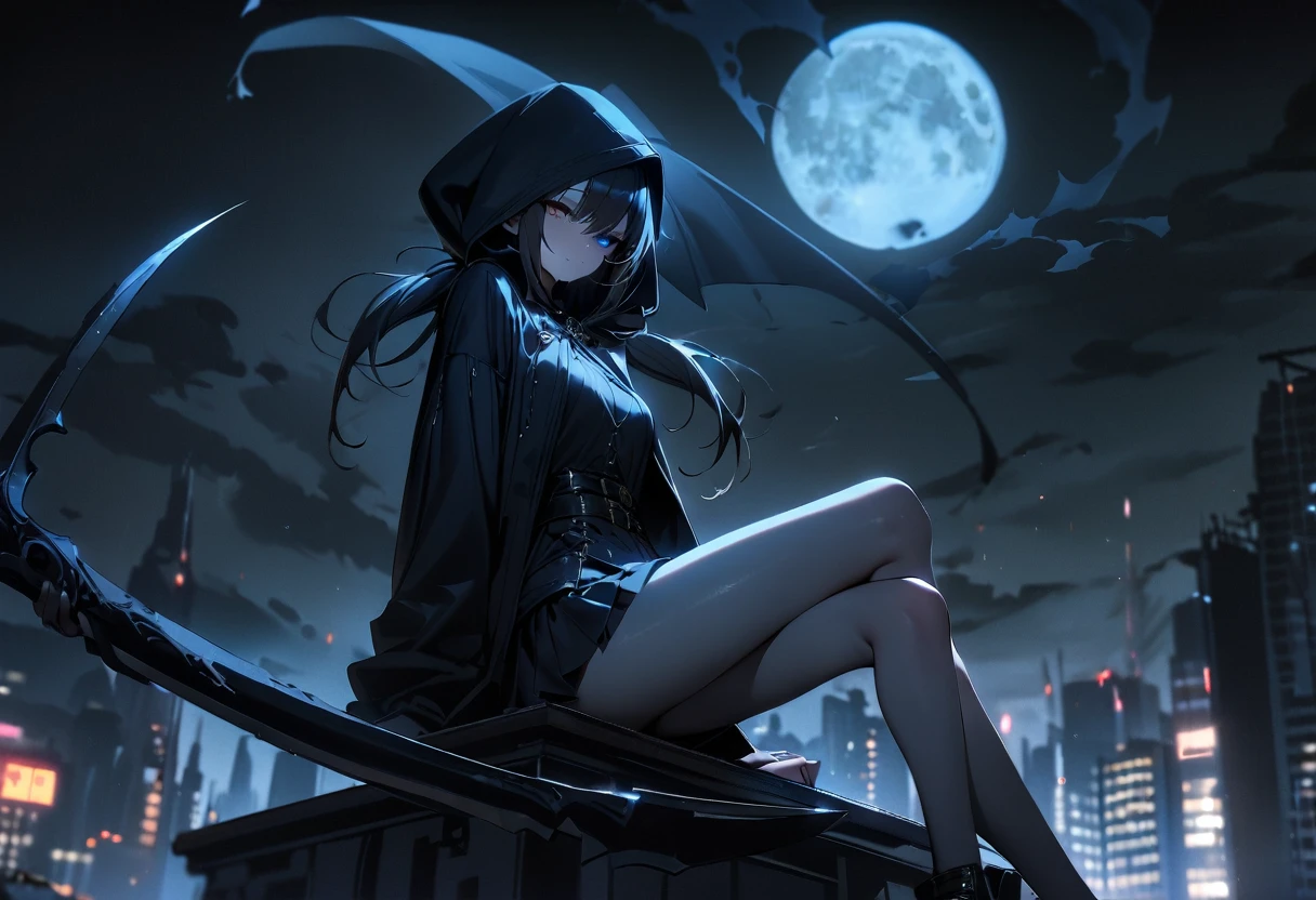 uhd, textured skin, high quality, high details, masterpiece, best quality, 1girl, grim Reaper, Twin tails, Black tattered cloak, Wearing a hood, mini skirt, (grim Reaperの鎌, Big sickle, Perfectly shaped), Blue haze on left eye, ((Sitting on top of a building)), Moonlit Night, Familiar, Beautiful digital artwork