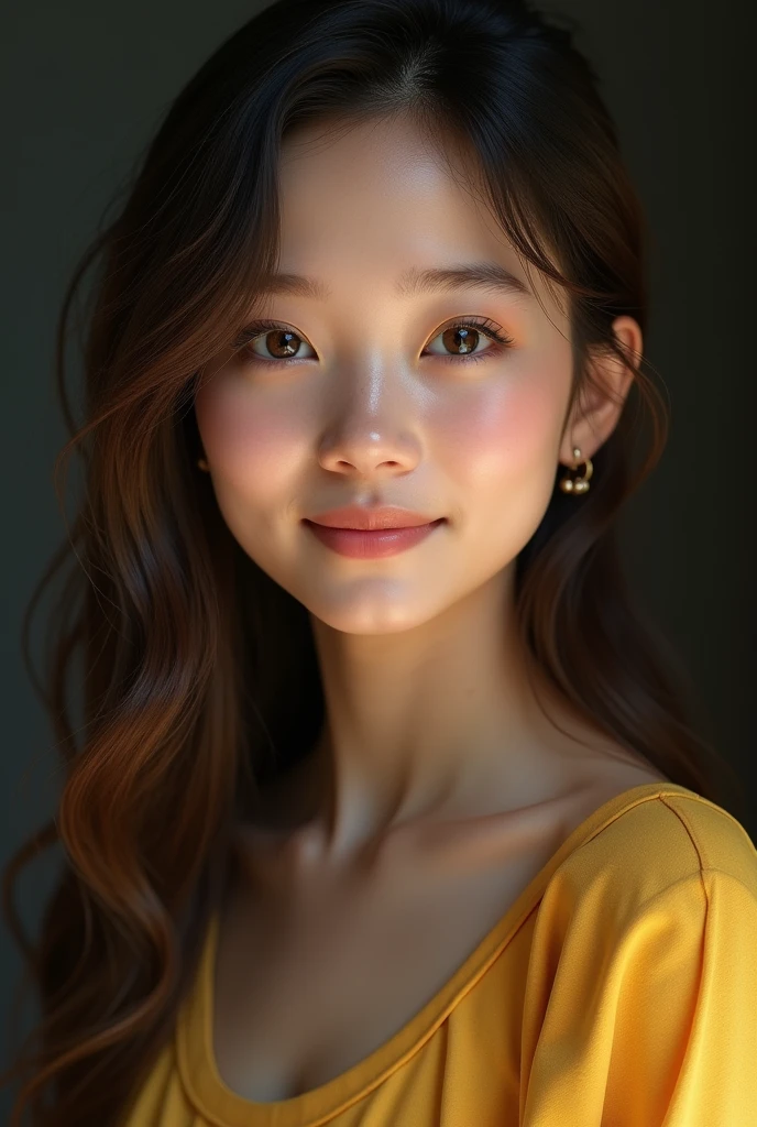 best quality, face focus, soft light, ultra high res, (photorealistic:1.4), RAW photo, 1 girl, solo, cute, (pupil, lights in the eyes), detailed beautiful face, (small chest),(high resolution detail of human skin texture),
(long hair), light smile, black background,
indoor, yellow colour dress,
(portrait)