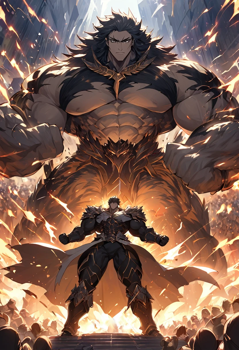 The arena falls silent as the mighty Ares steps forth, his muscular form casting an imposing shadow. His eyes burn with the intensity of a thousand battles as he scans the crowd, daring any challenger to face him. With a thunderous roar, he raises his fists, ready to unleash his fury upon any foolish enough to stand against him.