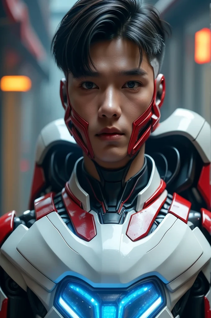 a young 17 year old boy wearing a red and white exoskeleton armor, a robot face on his chest , malaysian mullet hairstyle, detailed face and eyes, highly detailed, 8k, photorealistic, cinematic lighting, concept art, sci-fi. Led light blue.led light robot face on body Punisher. Marvel.