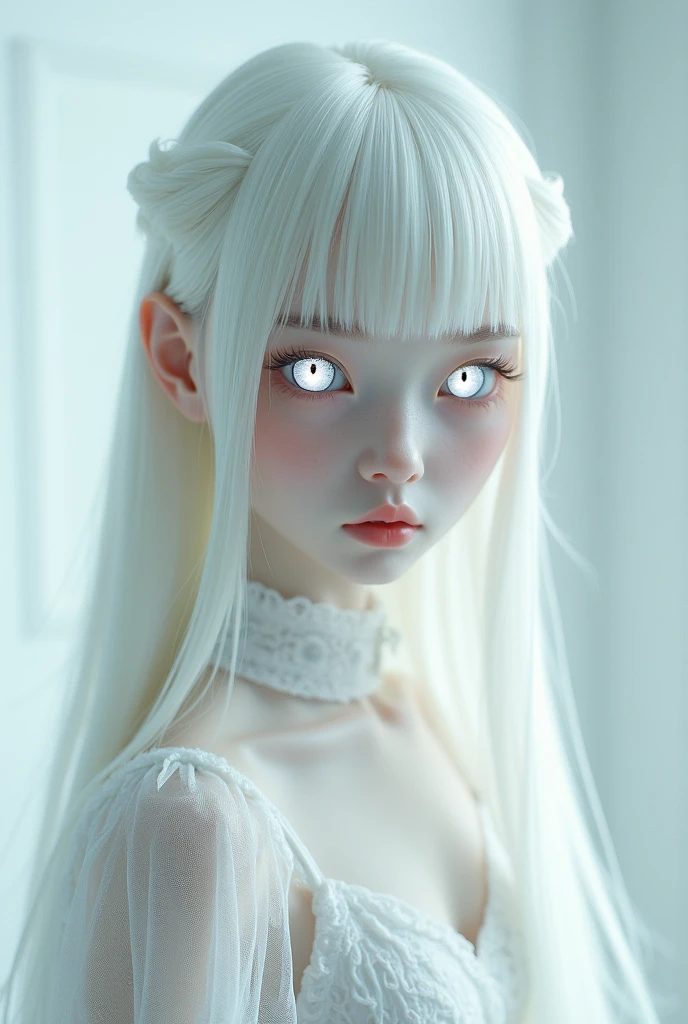 A girl with white skin and white eyes, Alien, Darling, low, Glass eyes, glowing eyes, beautiful, doll clothes, straight bangs, White hair, white clothes, shiny clothes