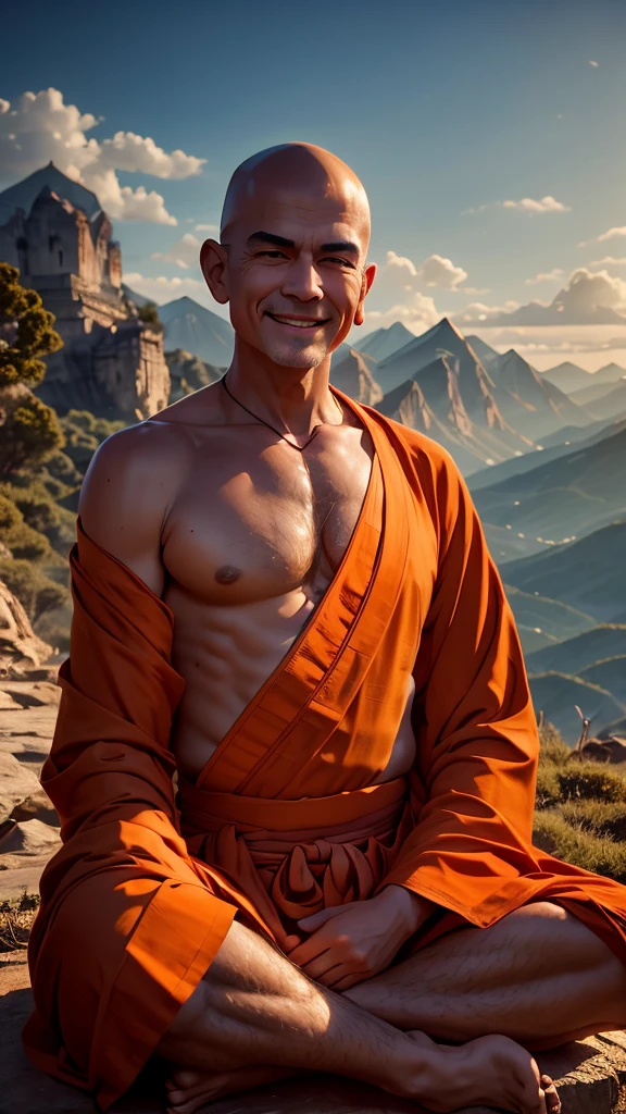 A Old monk with a shaved head, wearing simple Orange traditional robes, Meditating near mountain Cliff, Smiling, Zen master. Cinematic, Warm, Realistic, HDR