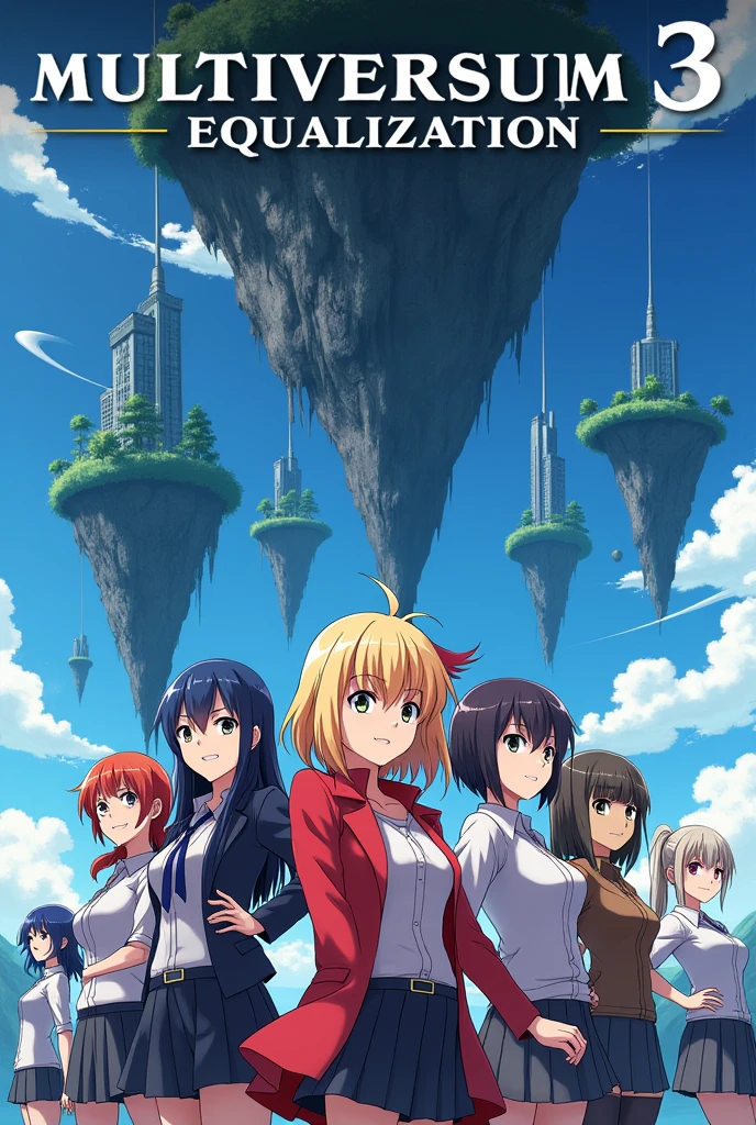 poster anime girls stand against the background of flying islands, a little higher there is a sinister woman, above them there is the inscription Multiversum 3: Equalization