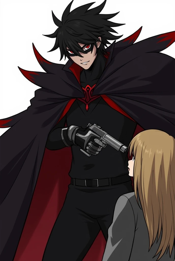 **hair**: I might have dark, messy hair, with pointed tips resembling flames or shadows, giving it a dynamic and powerful look. **CLOTHES**: He would wear a long, dark cloak, maybe with red details, that floats dramatically around him. stylized in the shoulders and arms. **Accessories**: I could wear a pair of gloves with shiny details, and maybe a mask that covers part of your face, adding a mysterious air. . **Posture**: She would be in a power or blonde action pose however he points the gun at a blonde girl