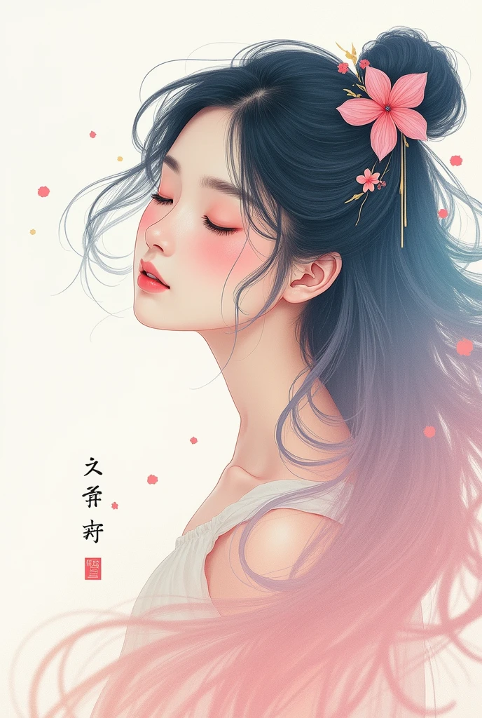 (White background:1.4),(Girl's head silhouette, Eyes closed, Long colored hair, Oriental elements)，(Chinese illustration:1.3，Paper Art:1.3, キルティングPaper Art:1.2),( Streamlined Design, Clear lines, High sharpness,Better Quality, Very detailed, Master Parts, Film Light Effect, 4K ) Illustration design