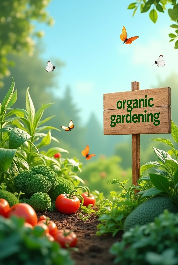 "Generate an image that represents an organic horticulture venture. Include a lush green garden, with various plants and vegetables growing. The environment must be natural and harmonious, with eco-friendly gardening tools and details that reflect sustainable practices, such as composting and drip irrigation. The background could have a clear blue sky and maybe some butterflies or bees flying around., symbolizing biodiversity. Include a small wooden sign that says 'Organic Gardening' in green letters."