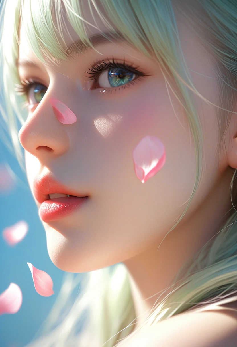 score_9, score_8_up, score_7_up, Girl's profile picture, light green long hair with bangs, light blue petals on cheeks, realistic skin texture, detailed picture, close-up, HD32k,Painstaking Attention To Details