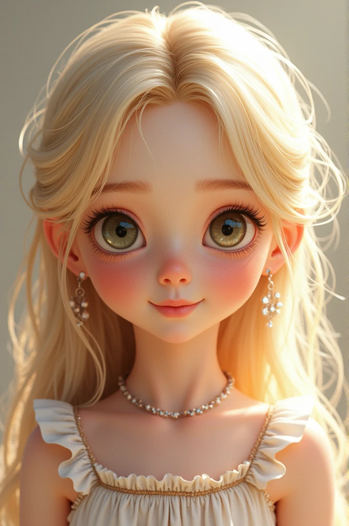 She is a of average height for her age., with a slender and delicate body. Your hair is long, smooth ass, and light blonde with golden highlights, inheriting the color mix from the parents. Your eyes are big and expressive, of a grayish green with a slight touch of brown, resulting in a unique and charming look. Your skin is clear, with a healthy glow. The face is softly oval, with thin, light eyebrows, besides a discreet mole on the nose, like mother. She loves to wear delicate dresses and accessories., always with a cheerful smile that reveals dimples in his cheeks.