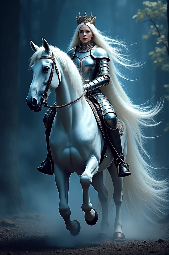 A personalized women's t-shirt in blue and black with a knight riding a white horse with white clothes and a crown on his head and his hair white