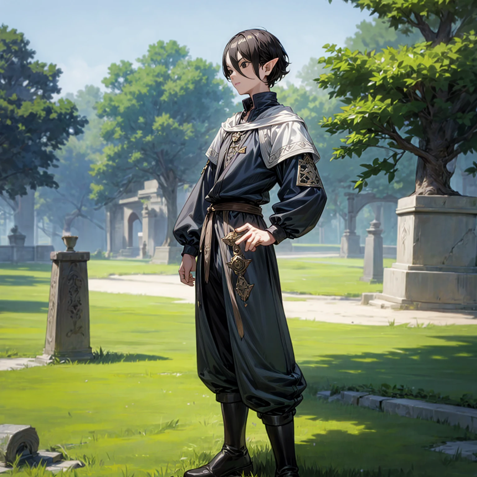 Solo character, full body version, young man, (elf), black eyes, black color hair, short hair, casual clothing, white color clothing, brown pants, boots, outdoor, park village, medieval, standing gesture, detailed background, detailed clothing, detailed hair, (one piece style art), muscle 