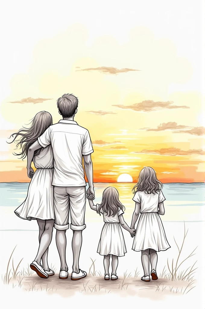 A line drawing of a family of a mother, father and two daughters with a sunset behind them