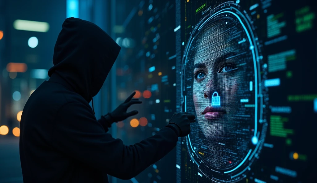 create a highly technological and realistic image about digital security containing a padlock, face of people and hooded hacker