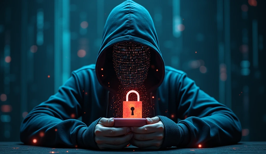 create a highly technological and realistic image about digital security containing a padlock, face of people and hooded hacker
