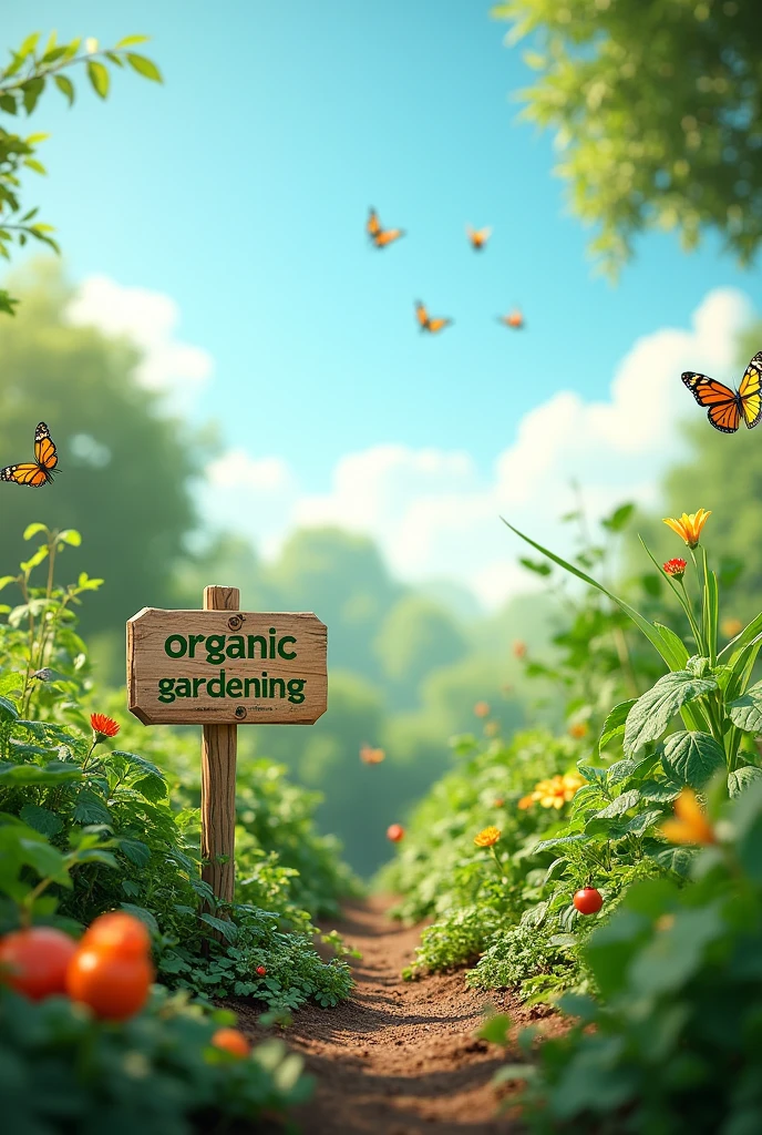 "Generate an image that represents an organic horticulture venture. Include a lush green garden, with various plants and vegetables growing. The environment must be natural and harmonious, with eco-friendly gardening tools and details that reflect sustainable practices, such as composting and drip irrigation. The background could have a clear blue sky and maybe some butterflies or bees flying around., symbolizing biodiversity. Include a small wooden sign that says &#39;Organic Gardening&#39; in green letters."