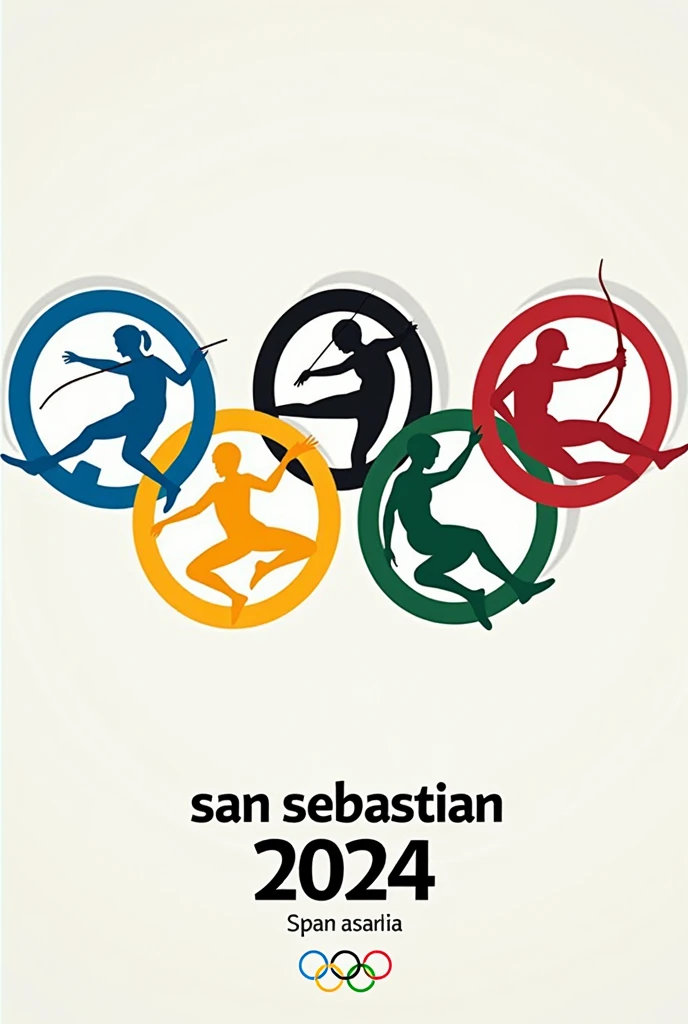 olympic hoops. Inside each one there is a silhouette of the five disciplines (swimming, gym, riding, archery and javelin). With a text in Spanish "San Sebastian 2024 Olympic Games"