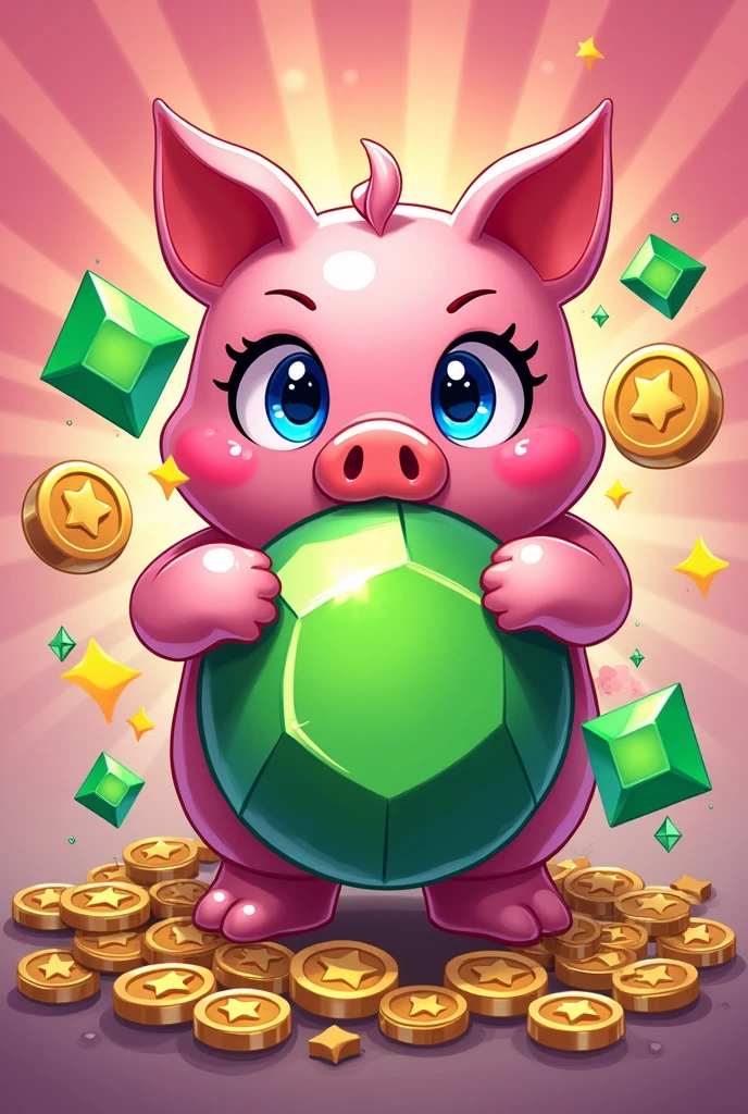 I want you to make a comic-style design of the Brawl Stars mega piggy bank like Spider-Man&#39;s: Across the Spider-Verse and put Cold Challenge and Shelly Star&#39;s new version with gems, glitter and gold, I don&#39;t want the pig, I want the mega piggy bank and the two brawlers already mentioned before, no spiders. put green game gems, gold coins and bling, also make the pig cute, Okay but put the pig hugging a big green gem from the brawl stars game and make the cute pig very cute and small that looks tender with big and shiny eyes like envy of inside out 2 but keeping the style of brawl tsras and pastel pink color with blue eyes and yellow stars in the background. put cold brawl stars competitor and shelly star her recolor, Make her more adorable and with eyelashes and shiny eyes with angry eyes and a victory pose raising the gem, If you can keep the same background that would be great.
