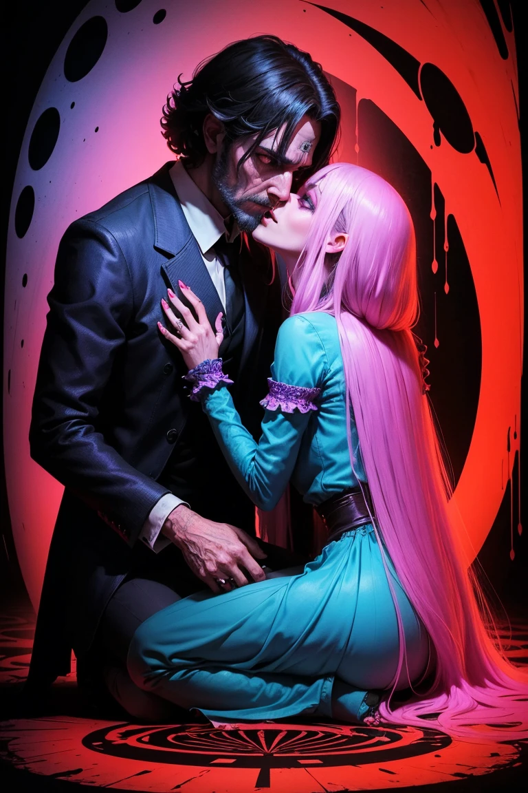 psychedelic style with horror theme: a man begging for a woman's love, woman with a look of contempt, Distorted realities . swirly vibrant colors, swirl patterns, abstract shapes, surreal, mind blowing . weirdcore, disturbing, tenebrosa, frightful, suspense, grim, highy detailed